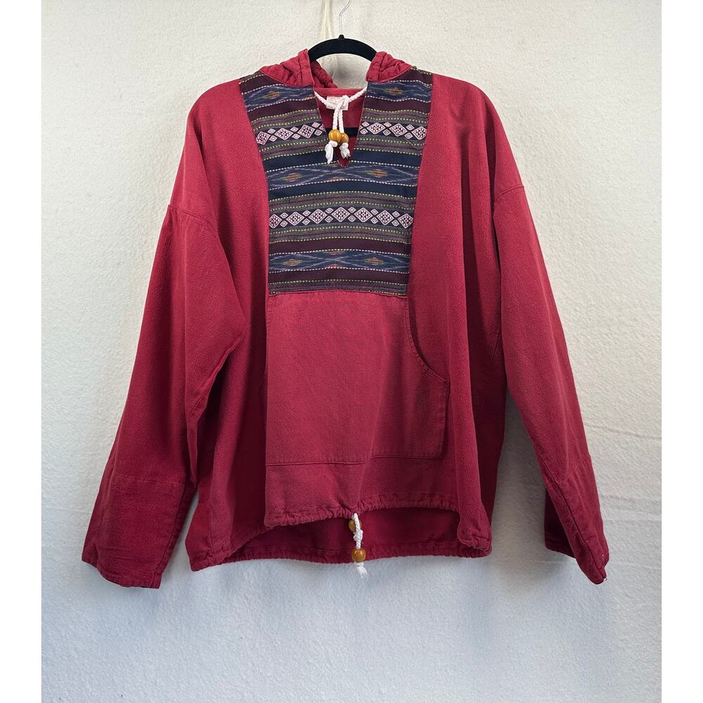 Boho Maroon Hooded Pullover with Colorful Pattern Panel Size XL Gorpcore Hippie